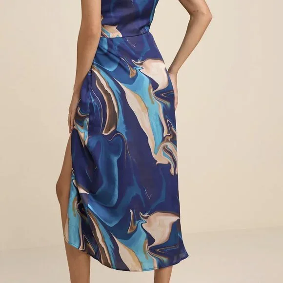 NWT Lulus Rhema Blue Multi Abstract Print Satin Midi Dress - Picture 5 of 6